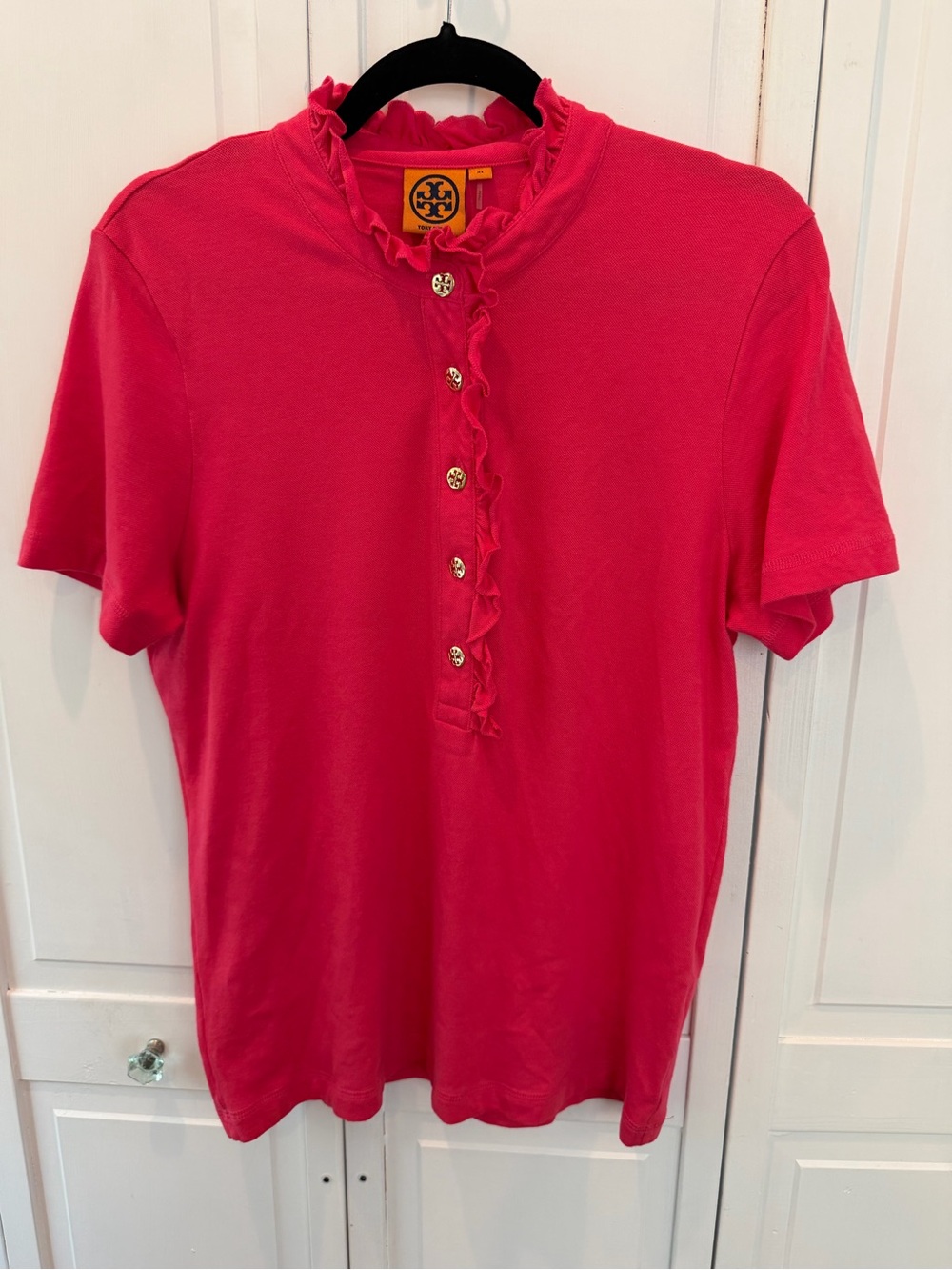 Tory Burch Pink Ruffle-Trim Polo Top